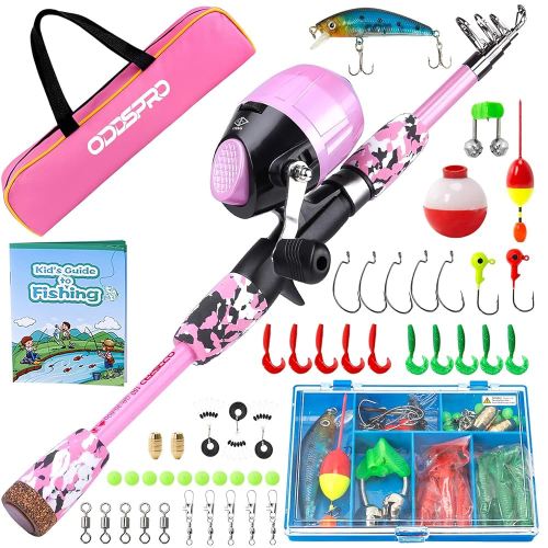 ODDSPRO Kids Fishing Pole Pink, Portable Telescopic Fishing Rod and Reel Combo Kit - with Spincast Fishing Reel Tackle Box for Girls, Youth