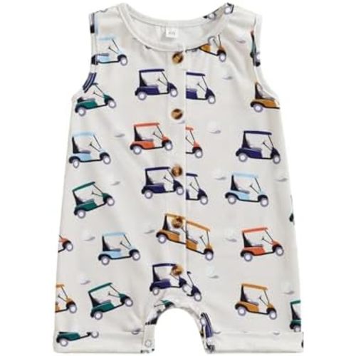 Infant Baby Girls Boys Romper Golf Car Print Sleeveless Buttons Crew Neck Jumpsuit Summer Casual Clothes Bodysuits