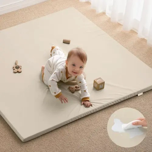 Blissful Diary Vegan Leather Baby Play Mat, 50x50 Thick Foam Cushioned & Waterproof Playpen Mat for Infants and Toddlers, Stylish and Just Wipe-Clean Playmat for Baby Play on Floor, Beige