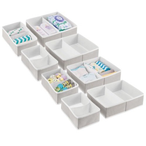 mDesign Fabric Nursery Divided Drawer Organizer Bin, 4 Pack, Light Gray/White