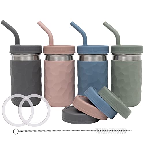 WeeSprout 2-in-1 Drinking Cups for Kids, Durable Stainless Steel Tumbler for Smoothies, Silicone Straws with Stoppers, Premium Plastic Twist Lids, Easy-Grip Sleeves, Set of 4 Dishwasher Safe Kid Cups