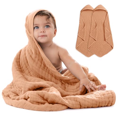 Comfy Cubs 2 Pack Baby Hooded 9 Layer Muslin Cotton Towel for Kids, Large 32 x 32, Ultra Soft, Warm, and Absorbent Baby Essentials Bath Towels, Cute Unisex Cover for Girls and Boys (2 Pack, Caramel)