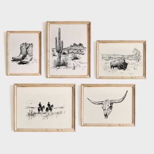 Western Wall Art Bundle, Set of 5, Vintage Cowboy Sketch Print, Vintage Western Gallery Wall Art Set, Wild West Prints, Digital Download