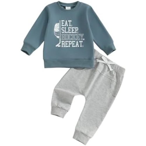 Toddler Baby Boy Hockey Outfit Eat Sleep Hockey Repeat Long Sleeve Sweatshirt Top Pants Set Fall Winter Clothes