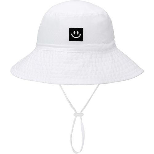 Baby Sun Hat Smile Face Toddler UPF 50+ Sun Protective Bucket hat Nice Beach hat for Baby Girl boy Adjustable Cap - 0-6 Months - White