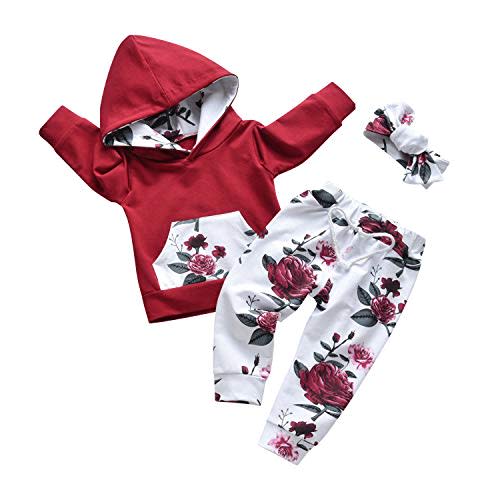 Eghunooy Baby Girl Clothes Long Sleeve Floral Hoodie Sweatshirt Pants with Pocket Headband Outfit Sets