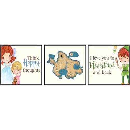 Think Happy Thoughts Peter Pan Themed Room Decor Wall Art Prints (Set of Three)