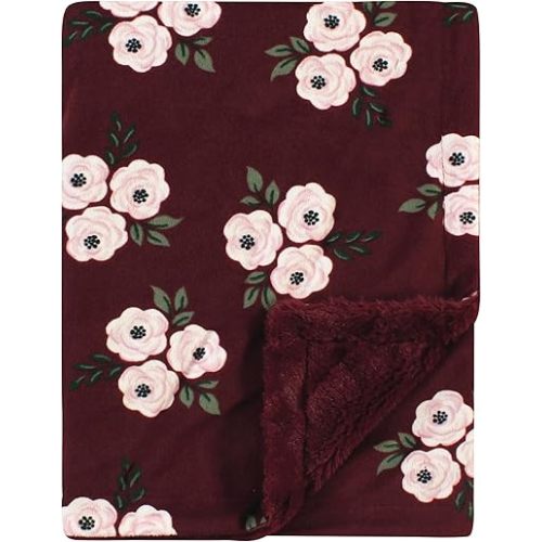 Hudson Baby Unisex Baby Plush Blanket with Furry Binding and Back, Burgundy Floral, One Size