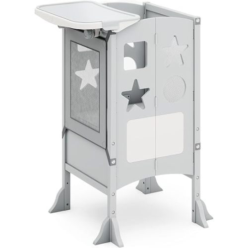 Guidecraft Kitchen Helper® Toddler Tower and Mealtime and Play Tray Bundle: Classic Gray Folding, Adjustable Step Stool with Keepers, Non-Slip Mat and Easy to Clean, Detachable Tray Table