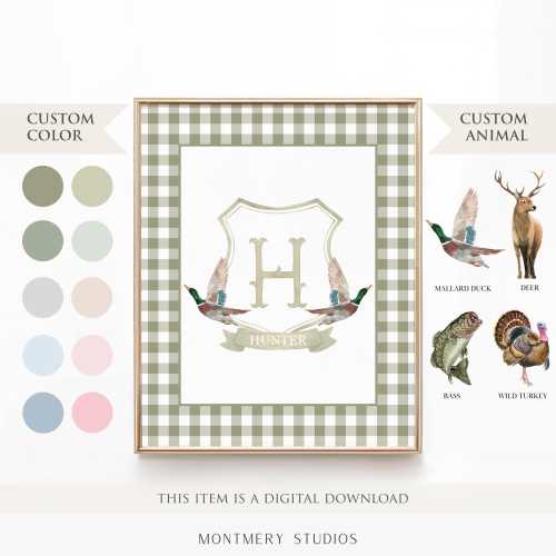 Custom Hunting Nursery, Mallard Monogram Crest Wall Art, Personalized Monogram Print for Nursery, Deer Crest, Turkey Crest, Gender Neutral