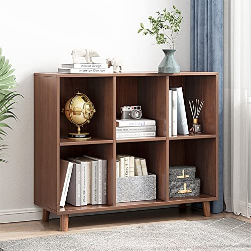 IOTXY Freestanding Open Cubes Bookcase - 2-Tier Floor Standing Wooden Storage Display Cabinet Organizer with Legs for Home Office, 6-Cubes Open Shelf Low Short Bookshelf, Walnut