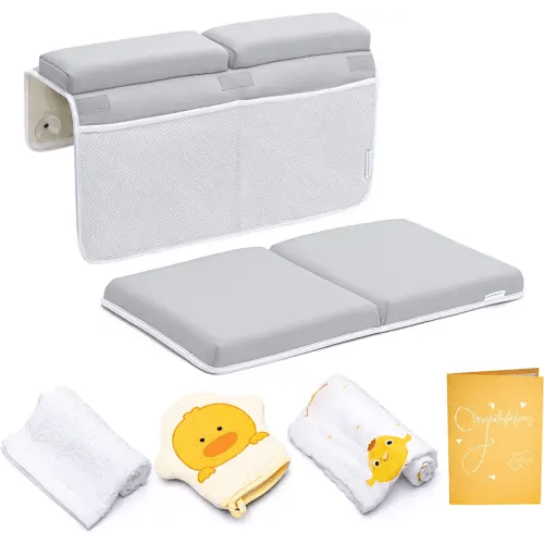 Bath Kneeler and Elbow Rest Pad, 1.75 inch Extra Thick Baby Bath Kneeling Pad and Elbow Pad for Bathtub. Bath Tub Elbow Pad with Infant Toy and Baby Accessories Organizer, Grey