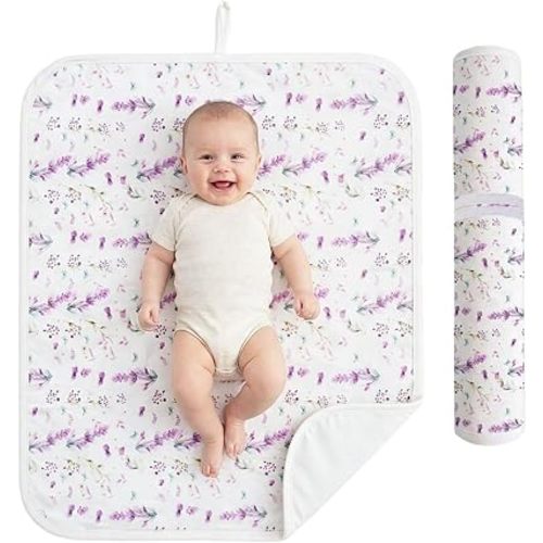 Baby Diaper Changing Mat, Waterproof, Absorbent, Soft Cotton Surface with EVA Backing, 30x24in Unfolded, Compact 8x2in with Storage Strap, Wipeable Diaper Changing Pad for Travel, Baby Gift