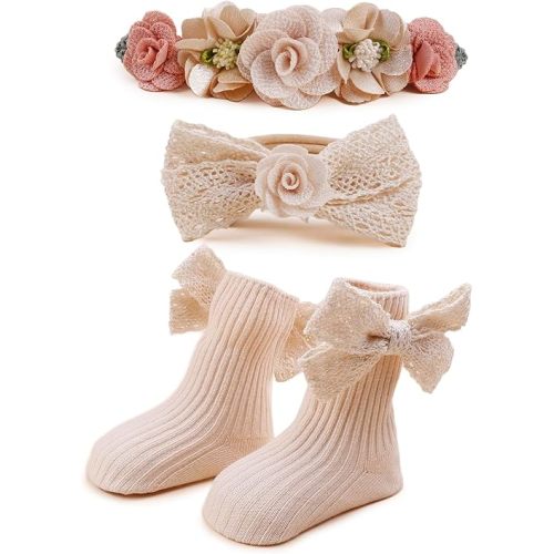 Baby Girl Nylon Headbands Socks Set Baby Bow Tie Socks Newborn Flower Socks Elastic Hairbands Hair Accessories Gift for Newborn Infant Toddlers (W-6)