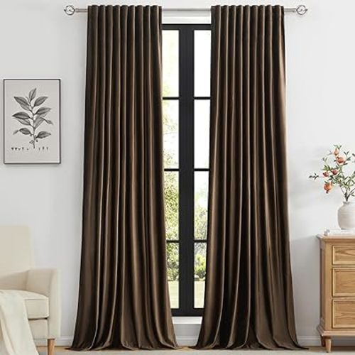 PRIMROSE Brown Polyester Velvet Curtains 84 inch Long for Living Room,Set of 2 Panels Blackout Rod Pocket Back Tab Window Treatment Room Darkening Heavy Decorative Curtains Drapes for Bedroom.
