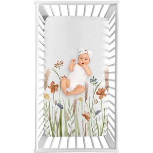 Sweet Jojo Designs Girl Photo Op Fitted Crib Sheet Watercolor Floral Garden Green Beige And Blue