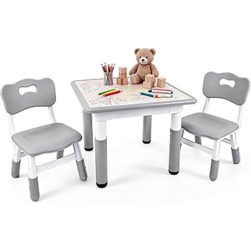Pterying Kids Table and Chairs Set - 23.6" L x 23.6" W Height Adjustable Toddler Desk, Non-Slip Toddler Table with Graffiti Desktop for Ages 2-8, for Home Preschool Classroom Daycare, Grey