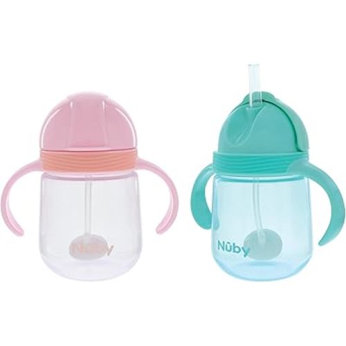 Nuby No-Spill Clik-it Silicone Straw Toddler Cup - (2 Pack) 8 oz - 360 Weighted Straw Toddler Sippy Cup for 1+ Year Old - Pink/Aqua