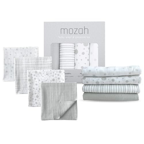 MOZAH Organic Muslin Swaddle Blankets - Baby Extra Large 47x47 inches - Baby Swaddle Blanket - Stars, Stripes, Dots, Grey - Unisex Muslin Blankets Girl or Boys