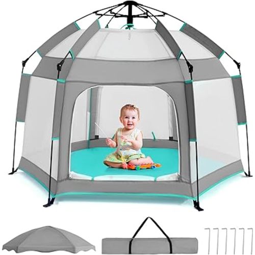 Baby Playpen with Canopy, Portable Baby Beach Tent, Toddler Play Yard Indoor and Outdoor, Foldable Mosquito Net for Infant - Grey
