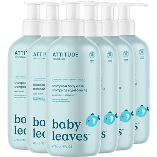 ATTITUDE Shampooing et gel douche 2 en 1 pour bébé, certifié EWG VERIFIED, testé sous contrôle dermatologique, végane, bonne nuit, 473 ml (lot de 6)