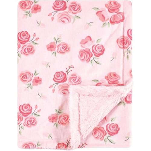 Hudson Baby Infant Girl Plush Blanket with Furry Binding and Back, Blush Rose, One Size