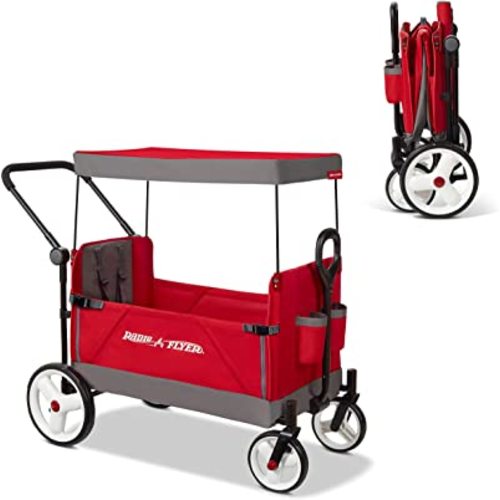 Radio Flyer Convertible Stroll N Wagon with 5 Point Harnesses, Rear Brake, Front Caster Wheels, 12 Inch Rear Wheels, and Push Pull Handle, Red