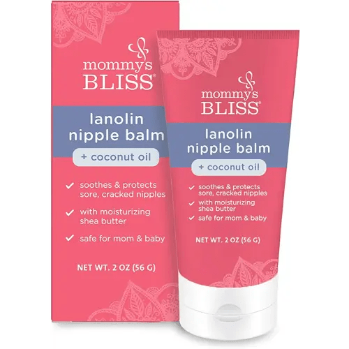 Mommy's Bliss Lanolin Nipple Balm Breastfeeding Cream with Coconut Oil & Shea Butter, Soothing Cream for Sore, Cracked Nipples, Safe for Nursing Babies, Flavorless, 2 Oz