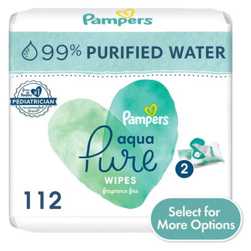 Pampers Aqua Pure Baby Wipes 2X Flip-Top Packs 112 Total Wipes (Select for More Options)
