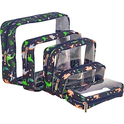 TSA Approved 5-Piece Diaper Bag Organizer Pouch Set Clear Waterproof TPU Kids Toiletry Storage Set Travel Packing Clutch Cube Bags for Baby Nursing(Dinosour)