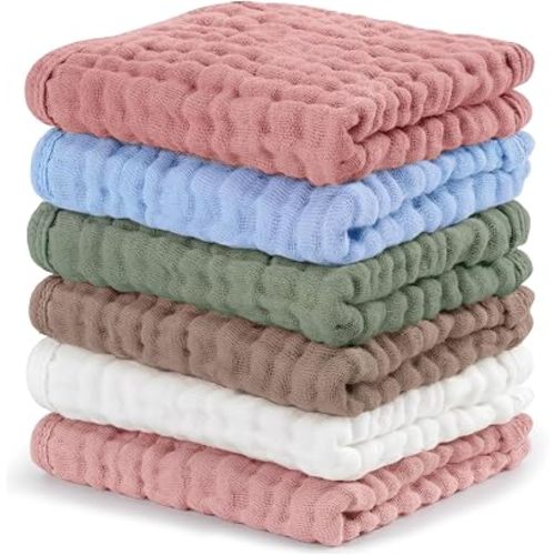 6 Pack 100% Cotton Wash Cloth, Highly Absorbent and Soft Feel Face Towels, Reusable Cotton Washcloths for Sensitive Skin & Makeup Remover, 10 x 10 Inch, 6 Colors
