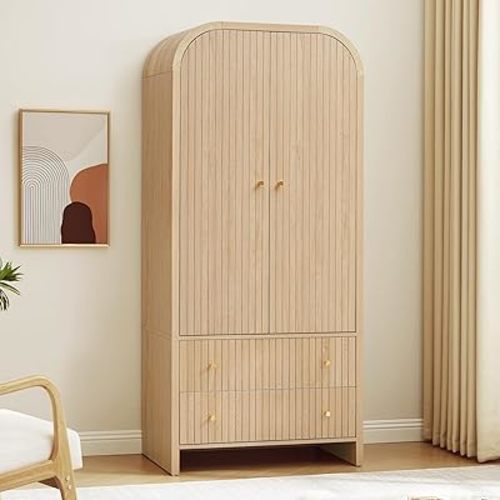 LEVNARY Arched Armoire Wardrobe Closet, Mid-Century Modern 2-Door Freestanding Wardrobe with Hanging Rod and 2 Drawers, Fluted Carved Clothing Storage Cabinet for Bedroom (Natural)