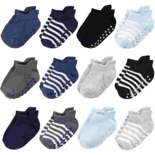 Touched by Nature Baby and Toddler Boy Organic Cotton Socks with Non-Skid Gripper for Fall Resistance, Blue Black, 6-12 Months