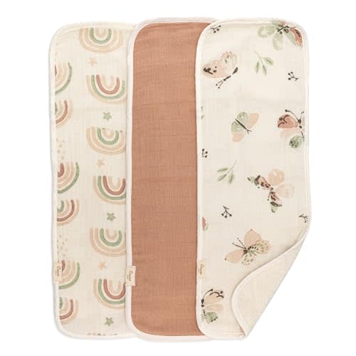 Crane Baby Muslin Baby Burp Cloths, Lightweight Absorbent Burp Cloth, Rainbow/Butterfly, Set of 3, 7” x 20”, Newborn Baby Essentials, Burp Cloths Baby Boy, Burp Cloths Baby Girl, Newborn Essentials