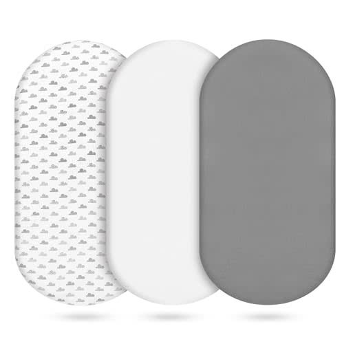 Muslin Bassinet Sheets 3 Pack, Cloud Gray | Cotton, Baby Girl and Boy, Breathable, Oval Fitted, Universal Rectangle & Oval, 28x14 to 33x18