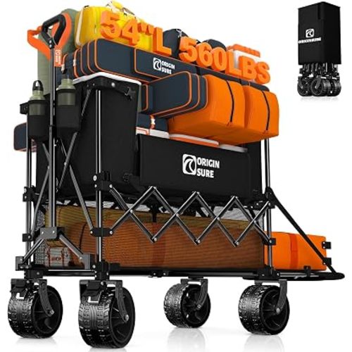 Originsure 400L Double Decker Wagon Collapsible with 54" L Tailgate, 560lbs Heavy Duty Carts Foldable, Extra Large Folding Beach Wagon with Big All-Terrain Wheels for Camping, Sports, Groceries, Black