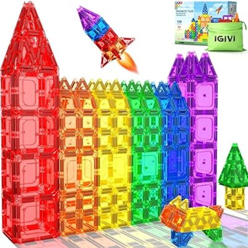 100PCS Magnetic Tiles - Mini Magnetic Blocks for Toddlers, Preschool Educational Toys for Kids Ages 3+, Toddler Essential Travel Toy, Creative Gift for Boys & Girls