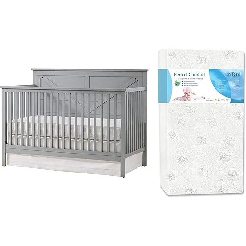 Oxford Baby 2 PC Nursery Set Montauk 4-in-1 Convertible Crib, Farmhouse Gray, GreenGuard Gold Certified and The Perfect Comfort 2-Stage Crib Mattress & Toddler Mattress