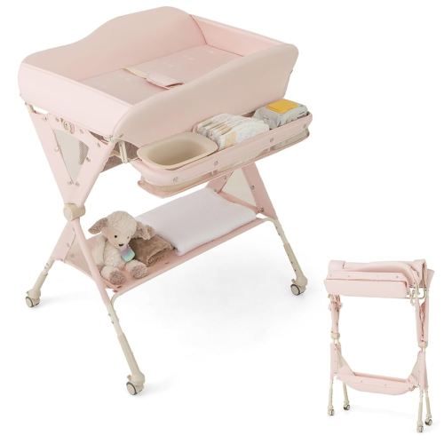 HONEY JOY Changing Table, Folding Mobile Diaper Nursery Organizer w/Wheel, 3 Adjustable Heights, Storage Bag & Open Shelf, Water Basin, Portable Baby Changing Station for Newborn Infant(Pink)