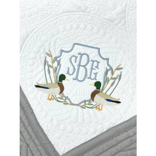 Embroidered Heirloom Baby Quilt with Mallard Duck Design, Personalized Baby Gift, Monogrammed Baby Blanket, Newborn Keepsake