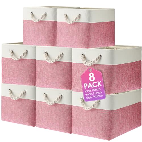meekoo 8 Pack Collapsible Storage Bins Fabric Storage Bins Polyester Fabric Baskets with Handles Linen Closet Organizer for Shelf Home Closet Towels Toys(15 x 11 x 9.5 in,Pink White)