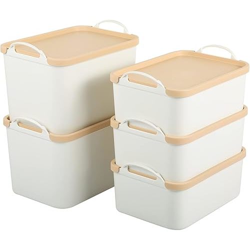 ANMINY 5PCS Plastic Storage Bins Containers with Lids, Large White Storage Organization Bins Boxes, Lidded Plastic Storage Baskets for Closet Shelves Drawers Desktop - 2 Medium 3 Small, Wheat Lids