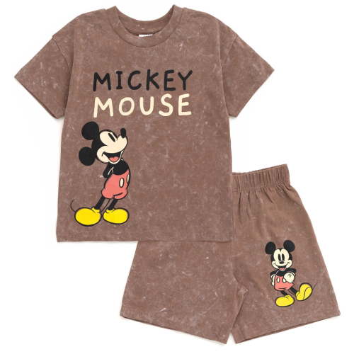 Disney Mickey Mouse Big Boys Vintage Wash Drop Shoulder T-Shirt and Shorts Outfit Set Brown 10-12