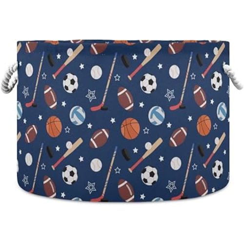 Sport Ball Print Collapsible Round Storage Basket with Handles
