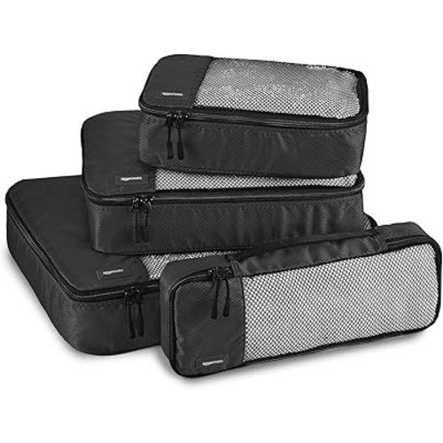 Amazon Basics Lightweight Packing Cubes Travel Organizer Set with Double Zipper, Mesh Top, Small, Medium, Large, Slim, Black, 4 Piece
