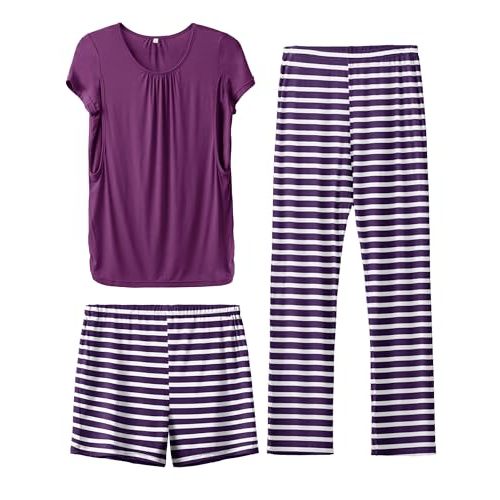 SUNNYBUY Womens Maternity Nursing Pajamas Set, Short Sleeve Breastfeeding Shirts，Pregnancy Shorts & Pants 3 Piece Nursing PJS