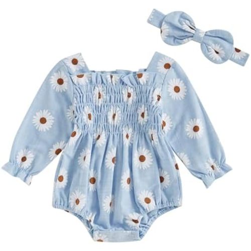 Newborn Baby Girls Daisy Romper Long Sleeve Pleated Smocked Bubble Ruched Jumpsuit Bodysuit Fall Winter Clothes