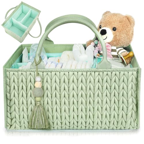 MOMINSIDE Diaper Caddy Organizer, Baby Basket Nursery Storage, Portable Changing Table Car caddy organizer for Girl Boy, Baby Registry Baby Shower Gifts, Newborn Essentials(Fair Green)