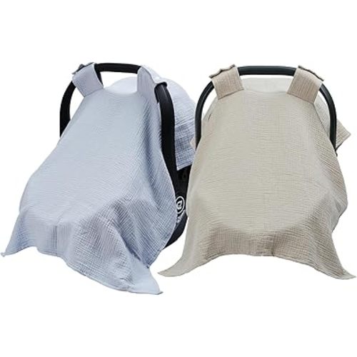 Meracorallo Muslin Baby Car Seat Covers, 2 Pack 100% Organic Cotton Infant Carrier Cover, Lightweight Breathable Soft Carseat Canopy for Baby Boys and Girls (Blue+Beige)