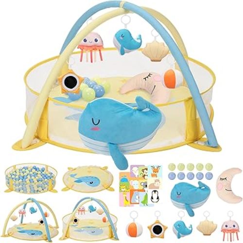 7-in-1 XL Large Baby Play Gym Mat, Tummy Time Mat, Baby Gym & Ball Pit, Baby Activity Mat with Milestone Cards & 5 Detachable Toys for Sensory Motor Skill Development, Whale